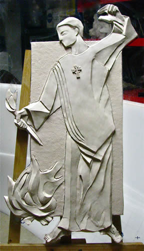 St Patrick sculpture (Paschal Fire) early progress in clay